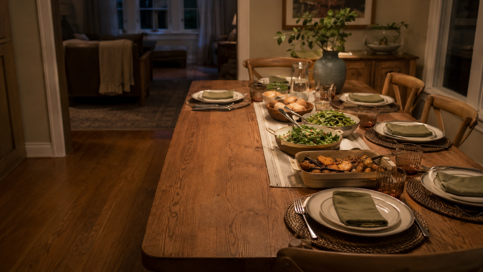 A long dinner table set for guests in a warm, quiet house